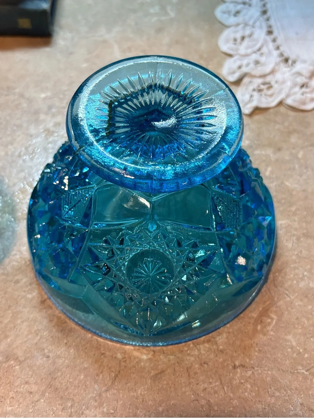 Kemple Glass Aqua Blue Hobstar & Fan Round Pedestal Compote Candy Dish w/ Lid